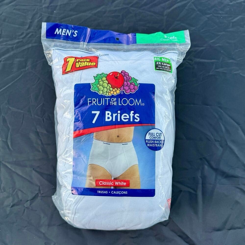 Fruit of the Loom Men’s Briefs 2XL 46-48 White 7 Pack NIB 100% Cotton